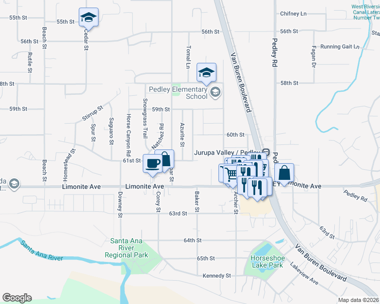 map of restaurants, bars, coffee shops, grocery stores, and more near 6073 Scheelite Street in Riverside
