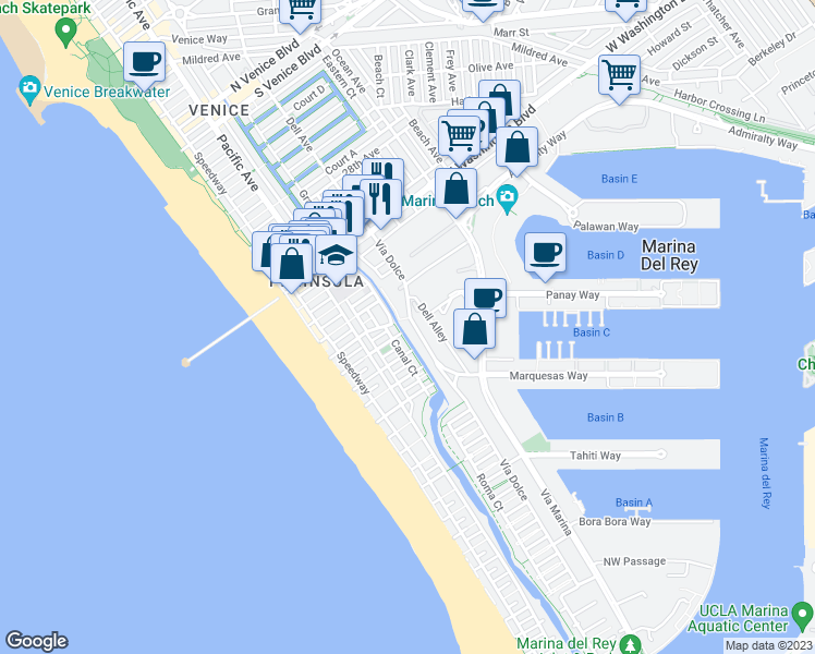map of restaurants, bars, coffee shops, grocery stores, and more near 3501 Esplanade in Marina del Rey
