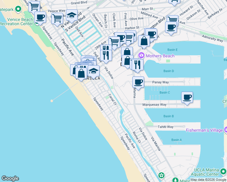 map of restaurants, bars, coffee shops, grocery stores, and more near 3511 Via Dolce in Marina del Rey