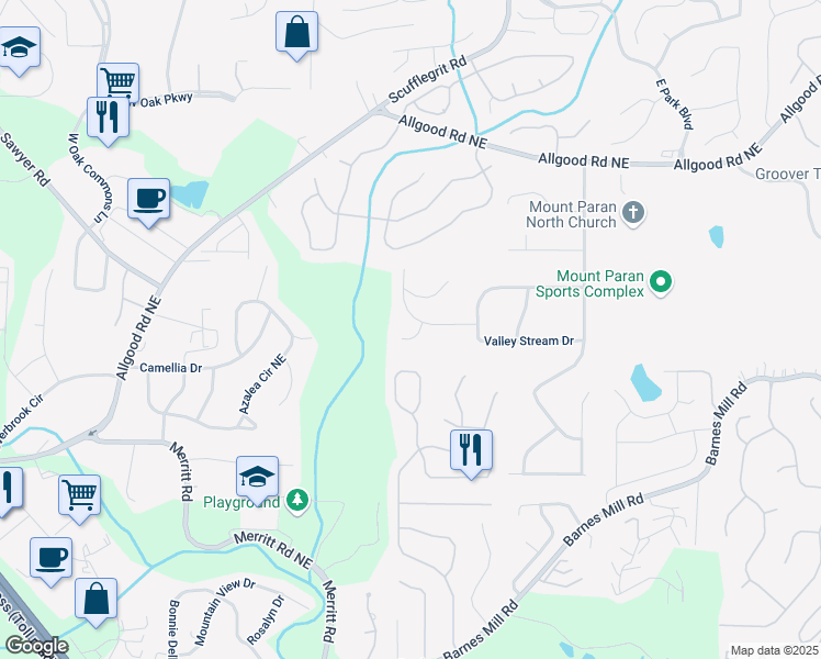 map of restaurants, bars, coffee shops, grocery stores, and more near 1439 Shadowrock Court Northeast in Marietta