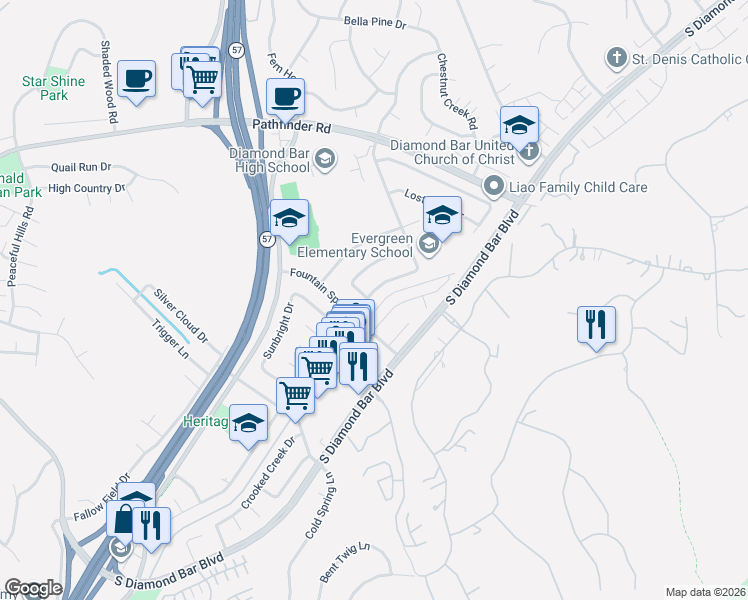 map of restaurants, bars, coffee shops, grocery stores, and more near 2578 Castlerock Road in Diamond Bar