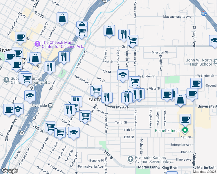 map of restaurants, bars, coffee shops, grocery stores, and more near 3643 Comer Avenue in Riverside