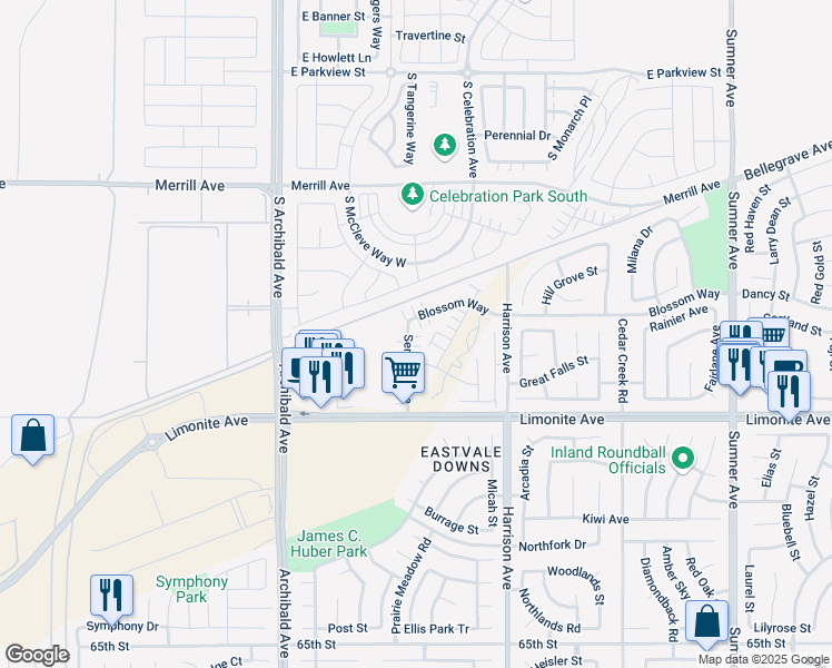 map of restaurants, bars, coffee shops, grocery stores, and more near 5918 Sendero Avenue in Eastvale