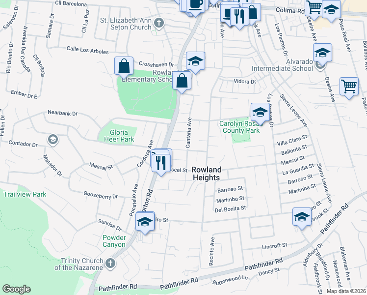 map of restaurants, bars, coffee shops, grocery stores, and more near 18245 Gallineta Street in La Puente