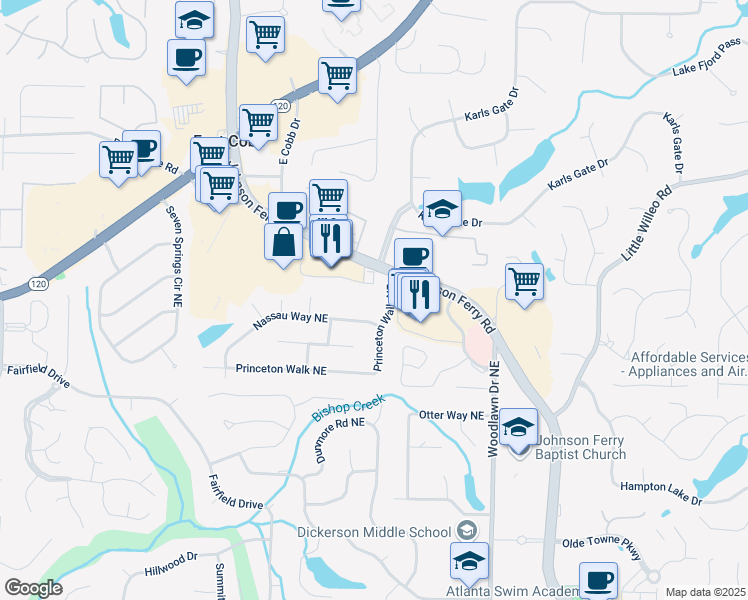 map of restaurants, bars, coffee shops, grocery stores, and more near 1225 Johnson Ferry Road in Marietta