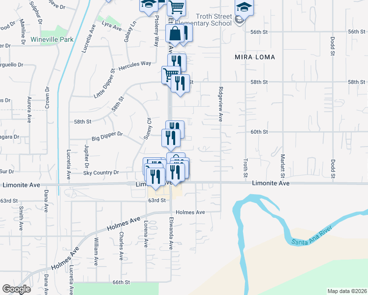map of restaurants, bars, coffee shops, grocery stores, and more near 6072 Etiwanda Avenue in Jurupa Valley