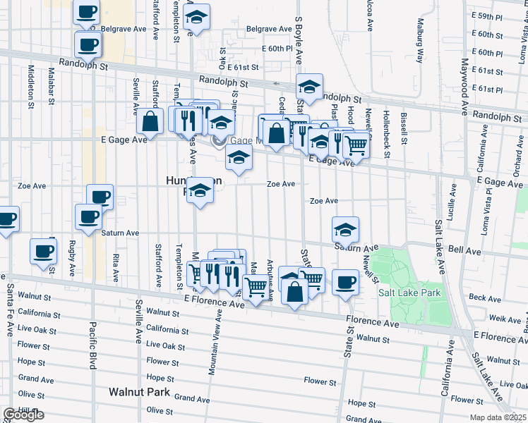 map of restaurants, bars, coffee shops, grocery stores, and more near 6717 Arbutus Avenue in Huntington Park