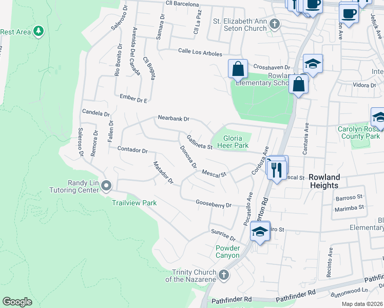 map of restaurants, bars, coffee shops, grocery stores, and more near 2356 Donosa Drive in La Puente