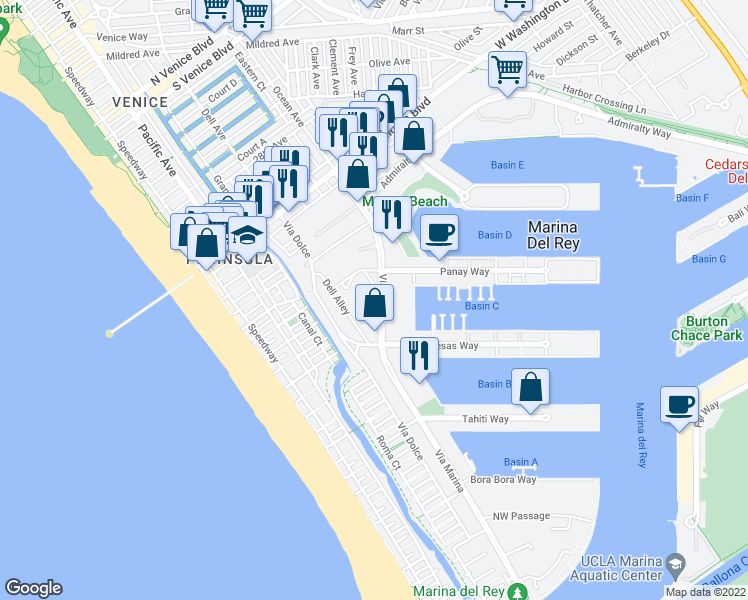 map of restaurants, bars, coffee shops, grocery stores, and more near 4205 Vía Marina in Marina del Rey