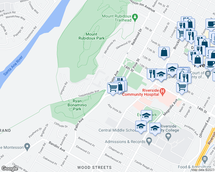 map of restaurants, bars, coffee shops, grocery stores, and more near 4597 Palm Avenue in Riverside