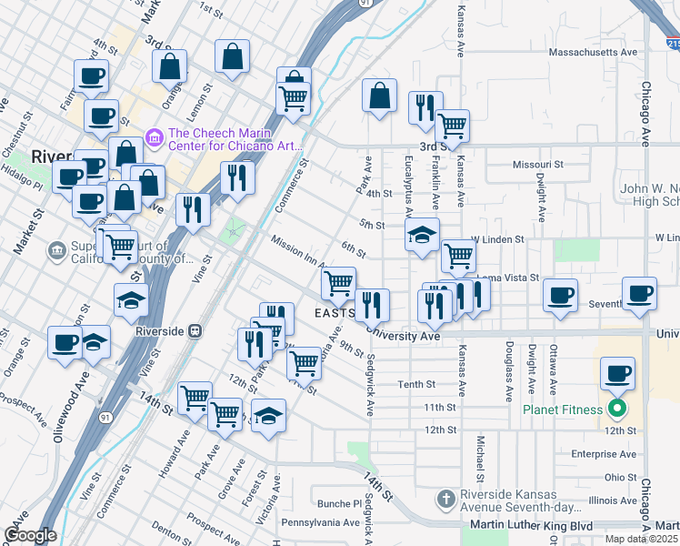 map of restaurants, bars, coffee shops, grocery stores, and more near 2733 Mission Inn Avenue in Riverside