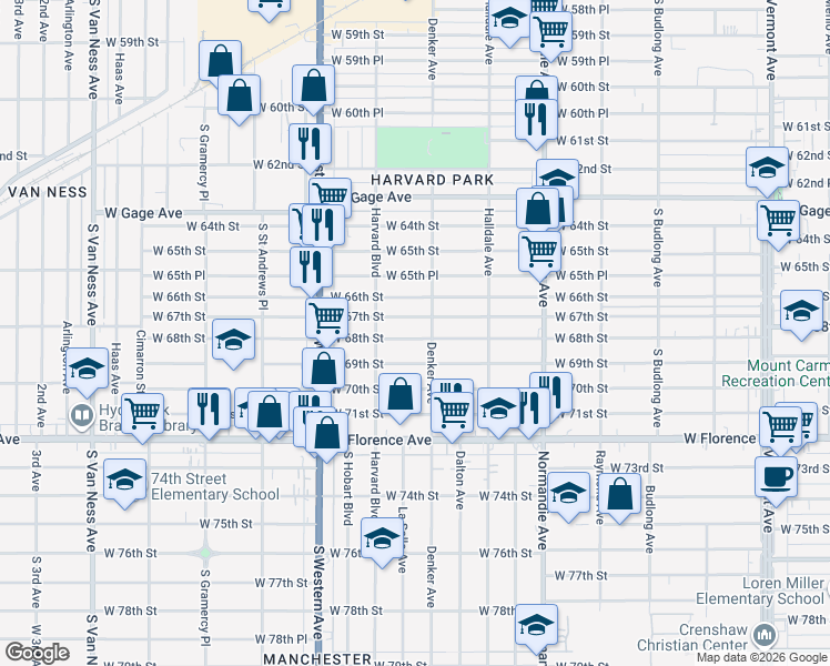 map of restaurants, bars, coffee shops, grocery stores, and more near 1619 West 68th Street in Los Angeles