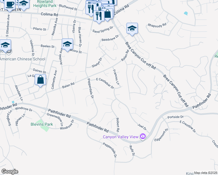 map of restaurants, bars, coffee shops, grocery stores, and more near 19696 East Castlebar Drive in Rowland Heights