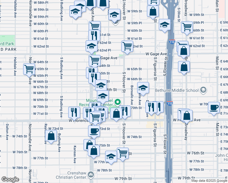 map of restaurants, bars, coffee shops, grocery stores, and more near 834 West 68th Street in Los Angeles