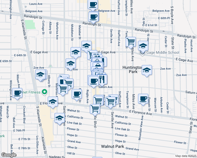 map of restaurants, bars, coffee shops, grocery stores, and more near 6730 Rita Avenue in Huntington Park