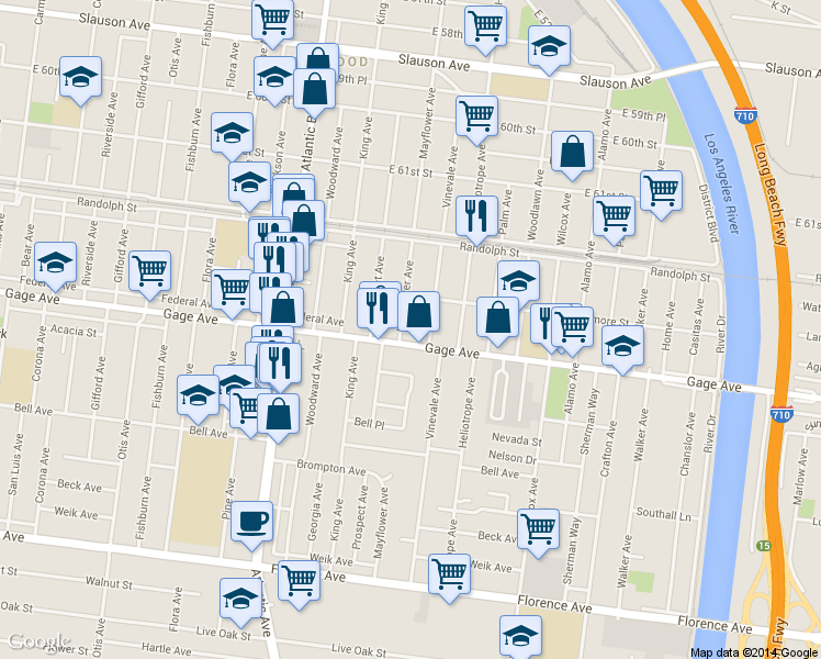 map of restaurants, bars, coffee shops, grocery stores, and more near 6336 Mayflower Avenue in Bell