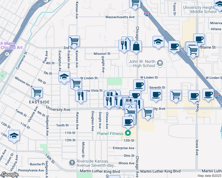 map of restaurants, bars, coffee shops, grocery stores, and more near 1881 Loma Vista Street in Riverside