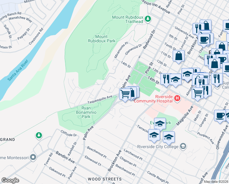 map of restaurants, bars, coffee shops, grocery stores, and more near 4597 Palm Avenue in Riverside