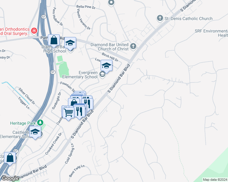 map of restaurants, bars, coffee shops, grocery stores, and more near 2611 Steeplechase Lane in Diamond Bar