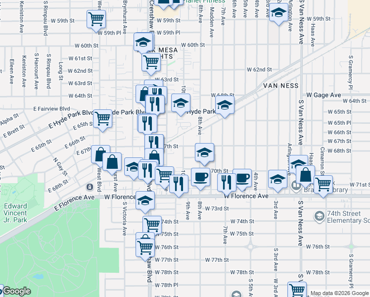 map of restaurants, bars, coffee shops, grocery stores, and more near 3126 West 67th Street in Los Angeles