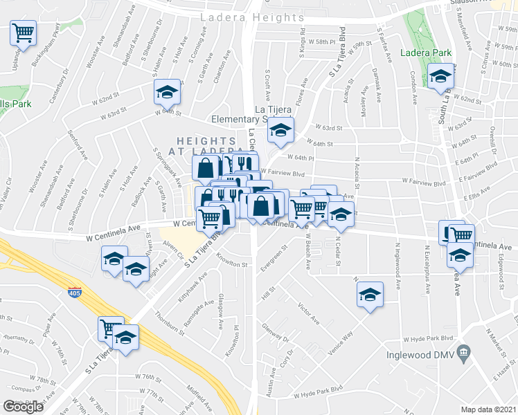 map of restaurants, bars, coffee shops, grocery stores, and more near 620 West Hillsdale Street in Inglewood