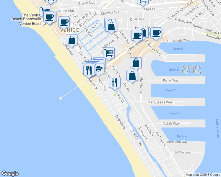 map of restaurants, bars, coffee shops, grocery stores, and more near 3400 Pacific Avenue in Marina del Rey