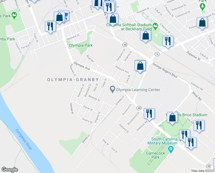map of restaurants, bars, coffee shops, grocery stores, and more near 1007A Virginia Street in Columbia