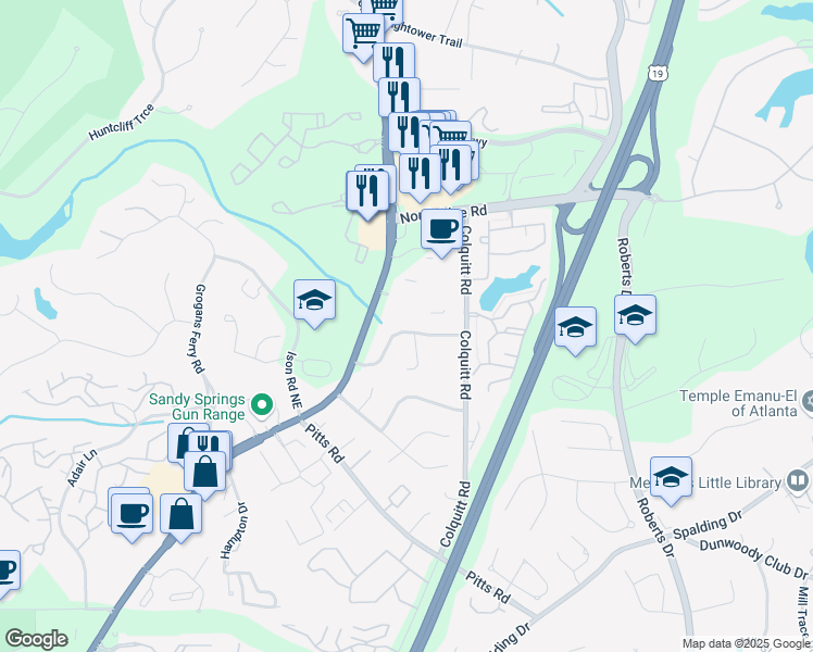 map of restaurants, bars, coffee shops, grocery stores, and more near 524 Northridge Crossing Drive in Atlanta
