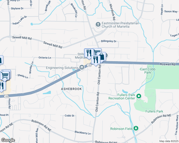 map of restaurants, bars, coffee shops, grocery stores, and more near 1120 Taliwa Trail in Marietta