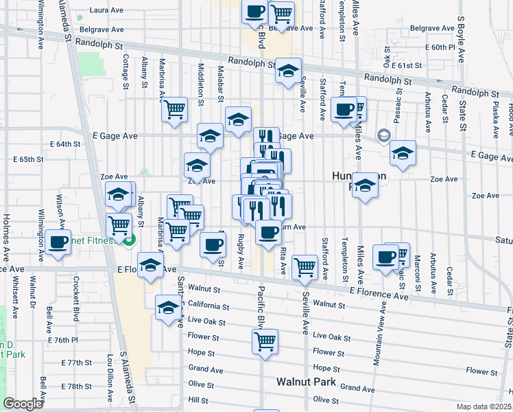 map of restaurants, bars, coffee shops, grocery stores, and more near 6725 Pacific Boulevard in Huntington Park