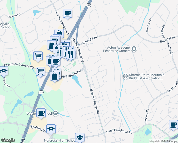 map of restaurants, bars, coffee shops, grocery stores, and more near 3700 Medlock Bridge Road in Norcross