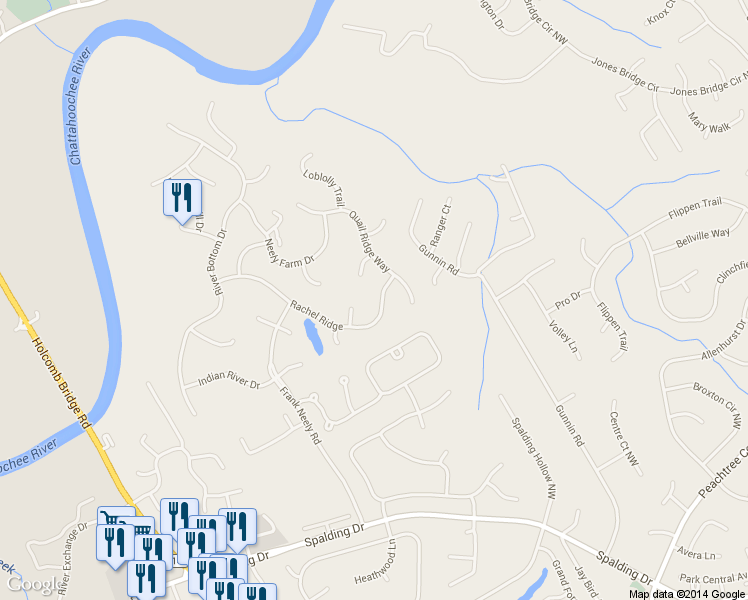 map of restaurants, bars, coffee shops, grocery stores, and more near 5981 Rachel Ridge in Norcross