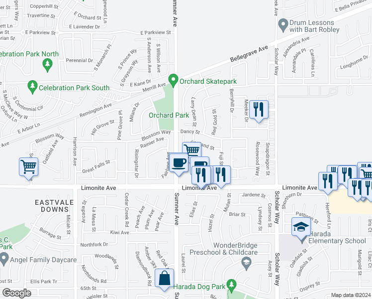 map of restaurants, bars, coffee shops, grocery stores, and more near 6060 Valencia Street in Corona
