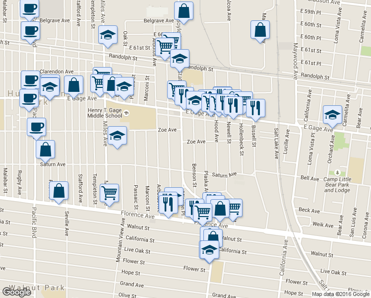 map of restaurants, bars, coffee shops, grocery stores, and more near 6714 State Street in Huntington Park