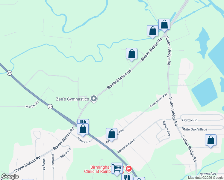 map of restaurants, bars, coffee shops, grocery stores, and more near 683-799 Steele Station Road in Rainbow City