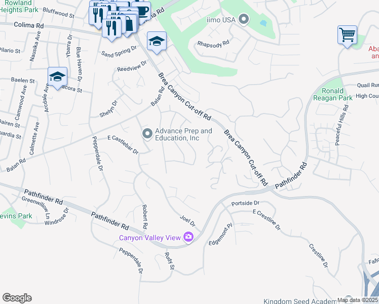 map of restaurants, bars, coffee shops, grocery stores, and more near 2251 Cascade Way in Rowland Heights