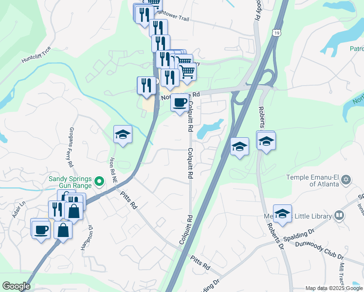 map of restaurants, bars, coffee shops, grocery stores, and more near 582 Northridge Crossing Drive in Atlanta