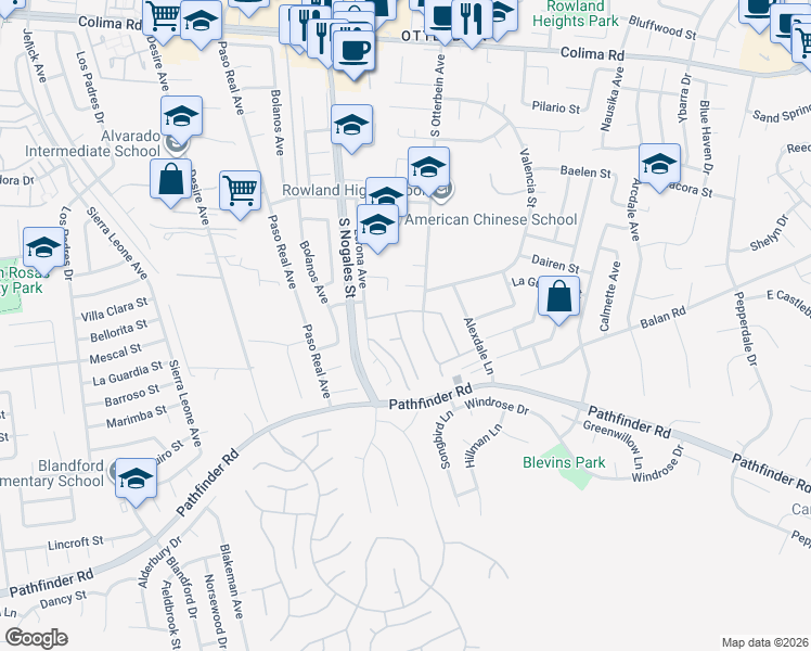 map of restaurants, bars, coffee shops, grocery stores, and more near 2214 Raleo Avenue in Rowland Heights