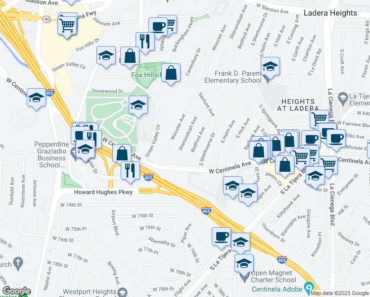 map of restaurants, bars, coffee shops, grocery stores, and more near 6650 Shenandoah Avenue in Los Angeles