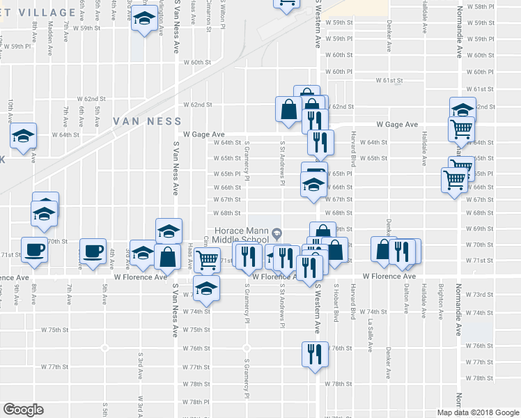 map of restaurants, bars, coffee shops, grocery stores, and more near 1941 West 68th Street in Los Angeles