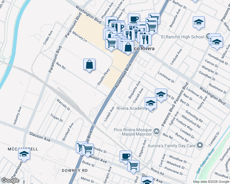 map of restaurants, bars, coffee shops, grocery stores, and more near 7346 Rosemead Boulevard in Pico Rivera