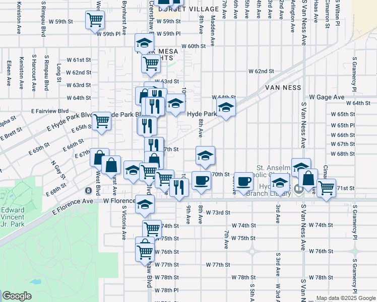 map of restaurants, bars, coffee shops, grocery stores, and more near 3126 West 67th Street in Los Angeles