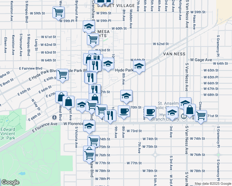 map of restaurants, bars, coffee shops, grocery stores, and more near 3126 West 67th Street in Los Angeles