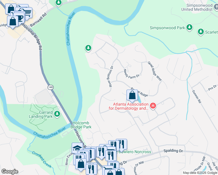 map of restaurants, bars, coffee shops, grocery stores, and more near 4360 River Bottom Drive in Norcross