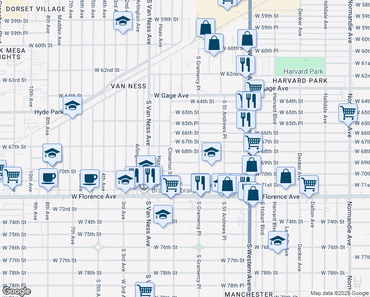 map of restaurants, bars, coffee shops, grocery stores, and more near 2035 West 68th Street in Los Angeles