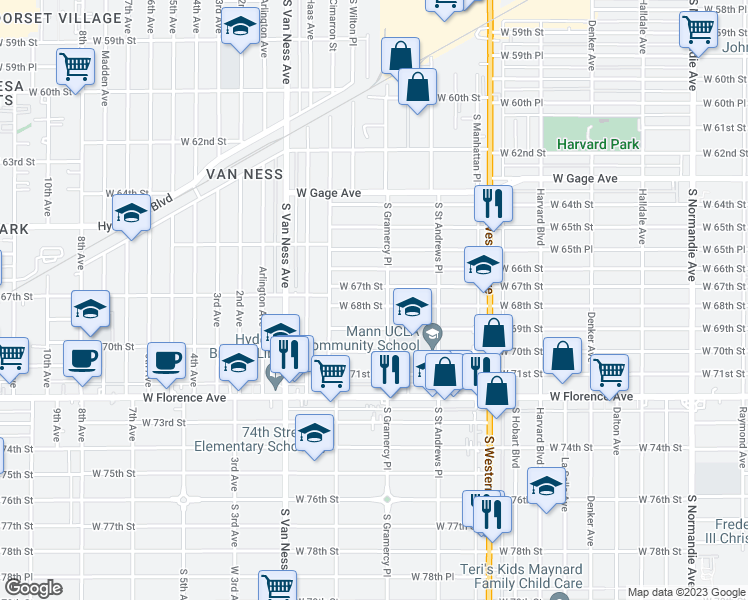 map of restaurants, bars, coffee shops, grocery stores, and more near 2013 West 68th Street in Los Angeles