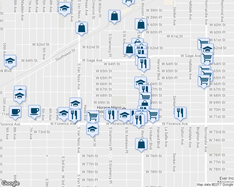 map of restaurants, bars, coffee shops, grocery stores, and more near 1941 West 68th Street in Los Angeles