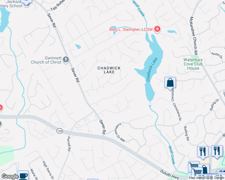 map of restaurants, bars, coffee shops, grocery stores, and more near 1524 Addies Place in Lawrenceville