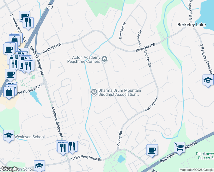 map of restaurants, bars, coffee shops, grocery stores, and more near 4917 Dillards Mill Way in Duluth