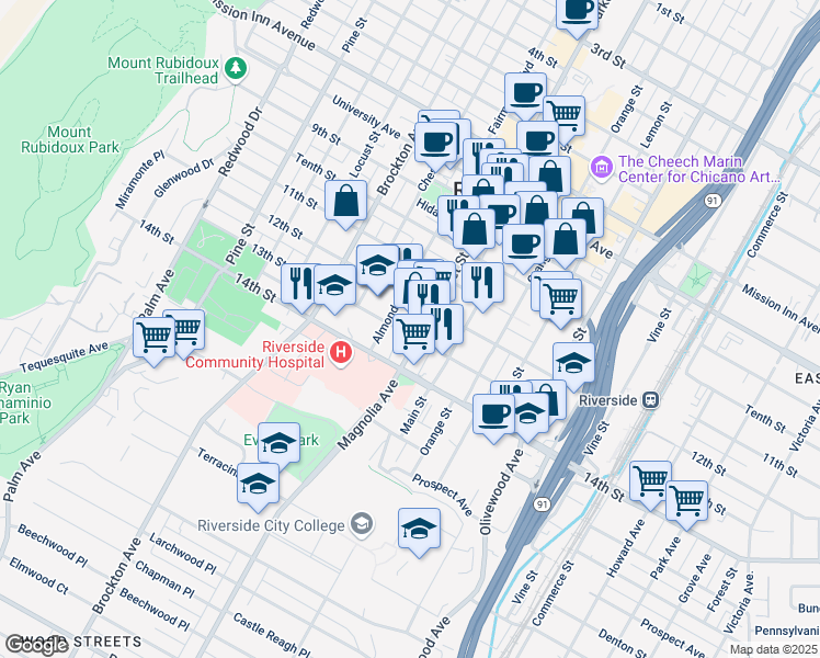 map of restaurants, bars, coffee shops, grocery stores, and more near 4293 Market Street in Riverside